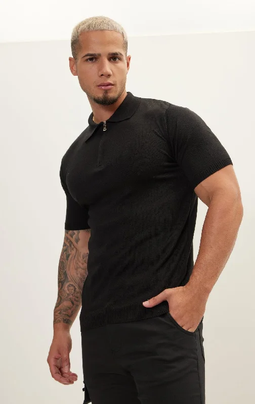 Zipper Closure Lightweight Polo Tee - Black