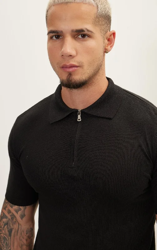 Zipper Closure Lightweight Polo Tee - Black