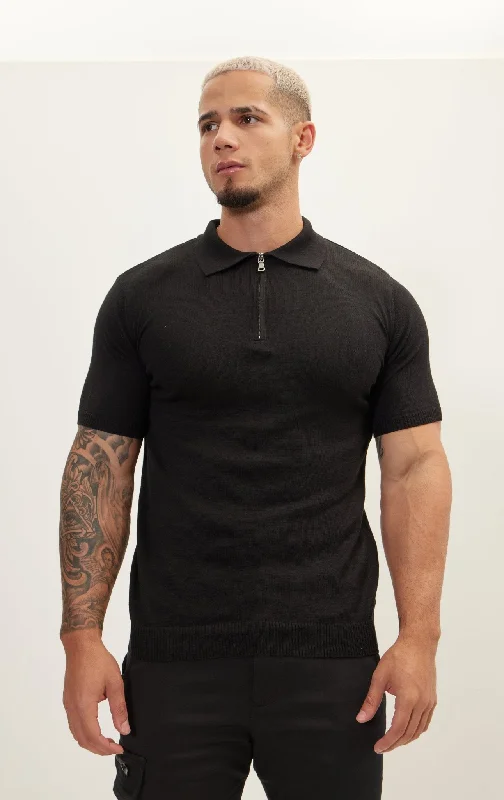 Zipper Closure Lightweight Polo Tee - Black