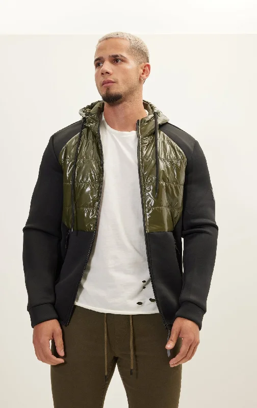 Mix Media Neoprene Quilted Jacket - Khaki