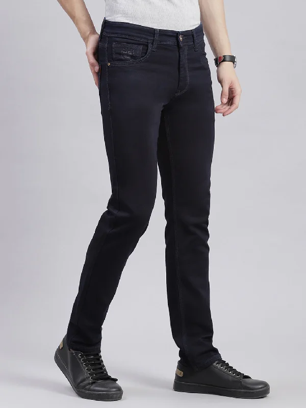 Men Blue Solid Regular Fit Denims