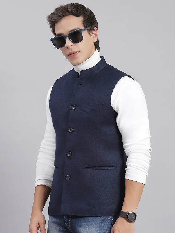 Men Navy Blue Solid Mandarin Collar Sleeveless Nehru Jackets