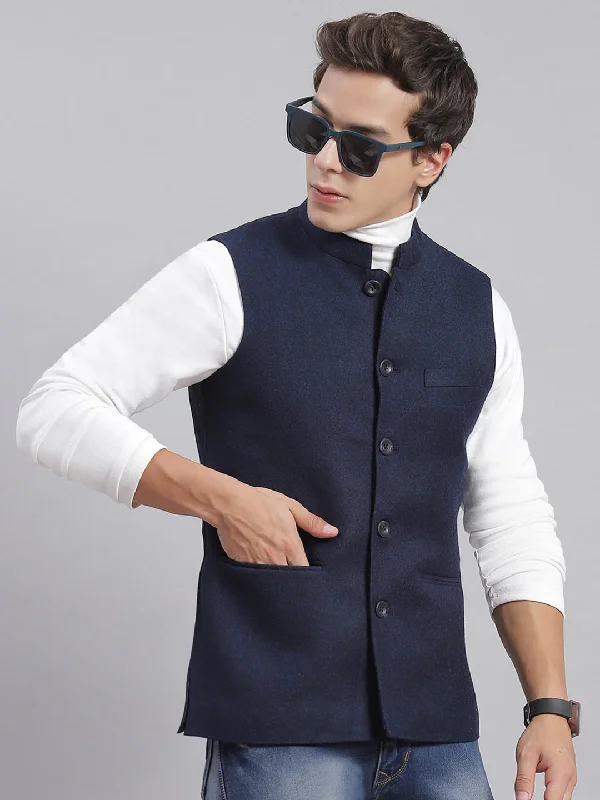 Men Navy Blue Solid Mandarin Collar Sleeveless Nehru Jackets