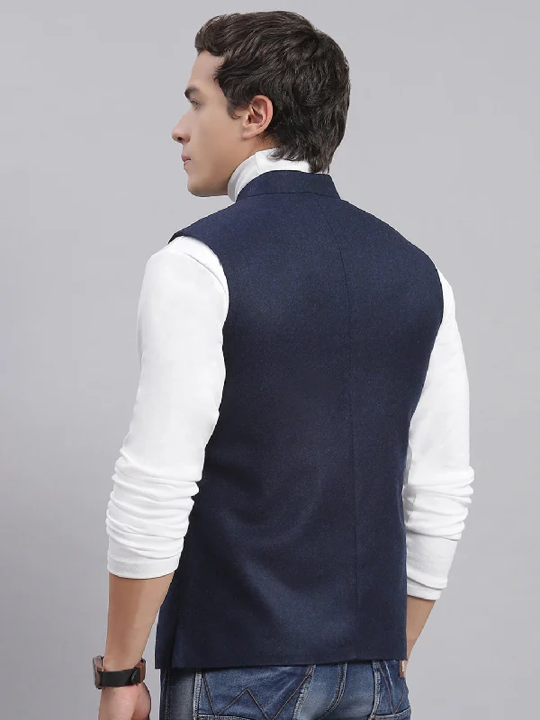 Men Navy Blue Solid Mandarin Collar Sleeveless Nehru Jackets