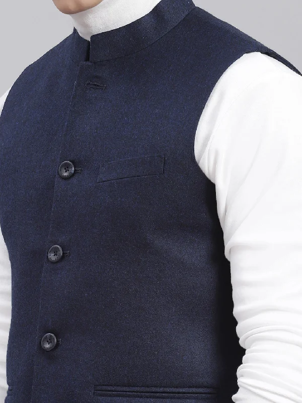 Men Navy Blue Solid Mandarin Collar Sleeveless Nehru Jackets