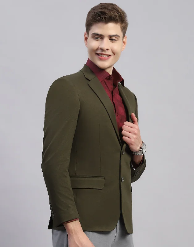 Men Olive Solid Notch Lapel Collar Full Sleeve Blazer