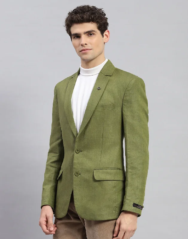 Men Olive Solid Notch Lapel Collar Full Sleeve Blazer