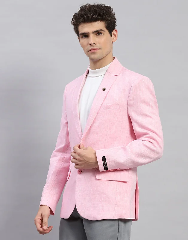 Men Pink Solid Notch Lapel Collar Full Sleeve Blazer