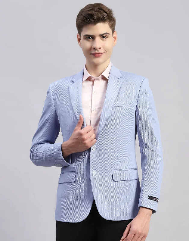 Men Sky Blue Solid Notch Lapel Collar Full Sleeve Blazer