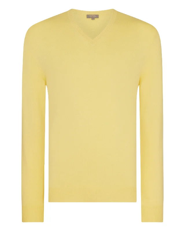 Men's Burlington V Neck Cashmere Jumper Citrine Yellow