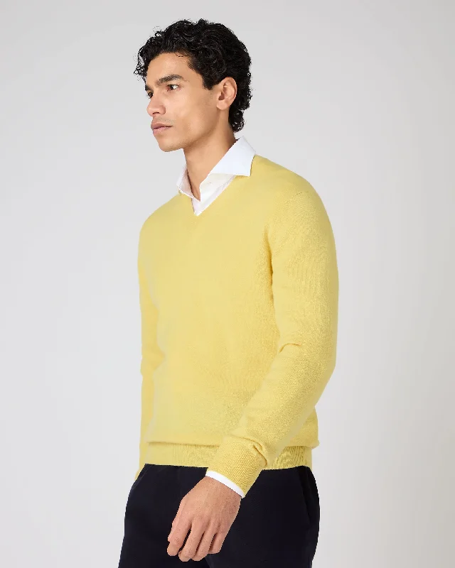 Men's Burlington V Neck Cashmere Jumper Citrine Yellow