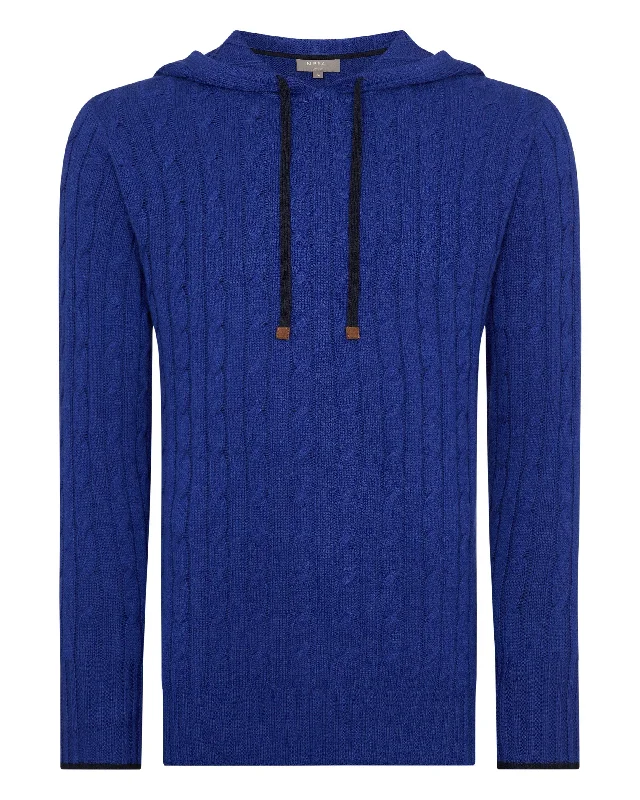 Men's Fitzrovia Cable Cashmere Hoodie Sapphire Blue