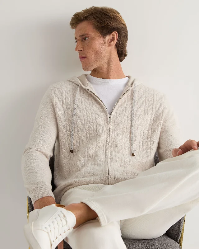 Men's Fulham Cable Zip Cashmere Hoodie Frost White