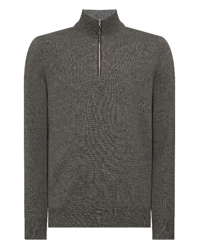 Men's Carnaby Half Zip Cashmere Jumper Wood Smoke Brown