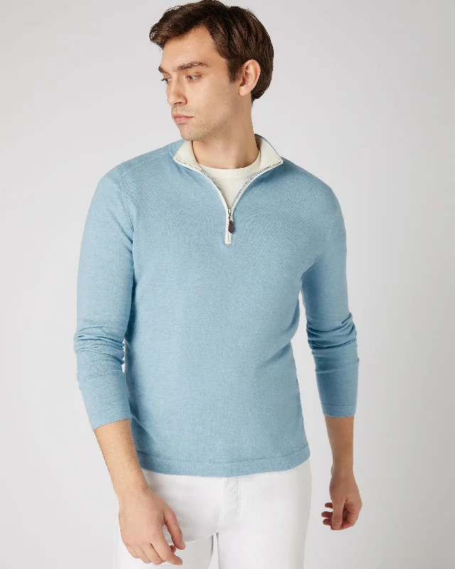 Men's Salcombe Half Zip Cotton Cashmere Jumper Cornflower Blue