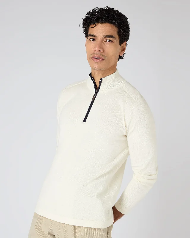 Men's Salcombe Half Zip Cotton Cashmere Jumper New Ivory White