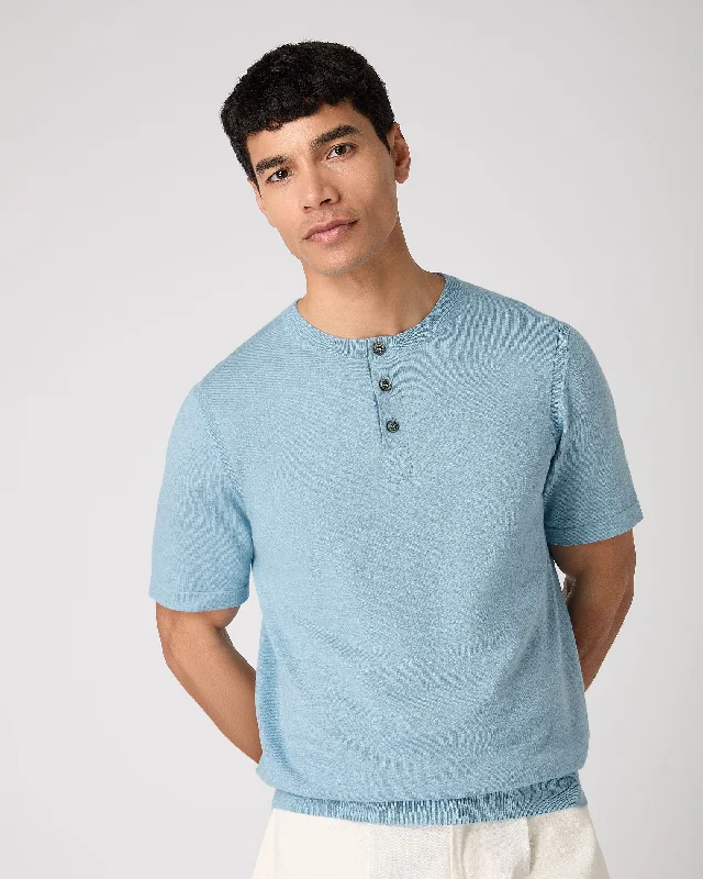 Men's Henley Cotton Cashmere T-Shirt Cornflower Blue