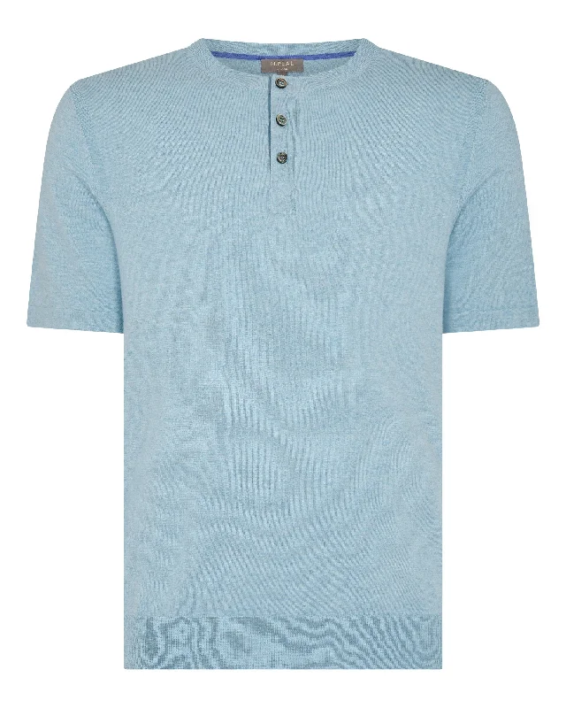 Men's Henley Cotton Cashmere T-Shirt Cornflower Blue