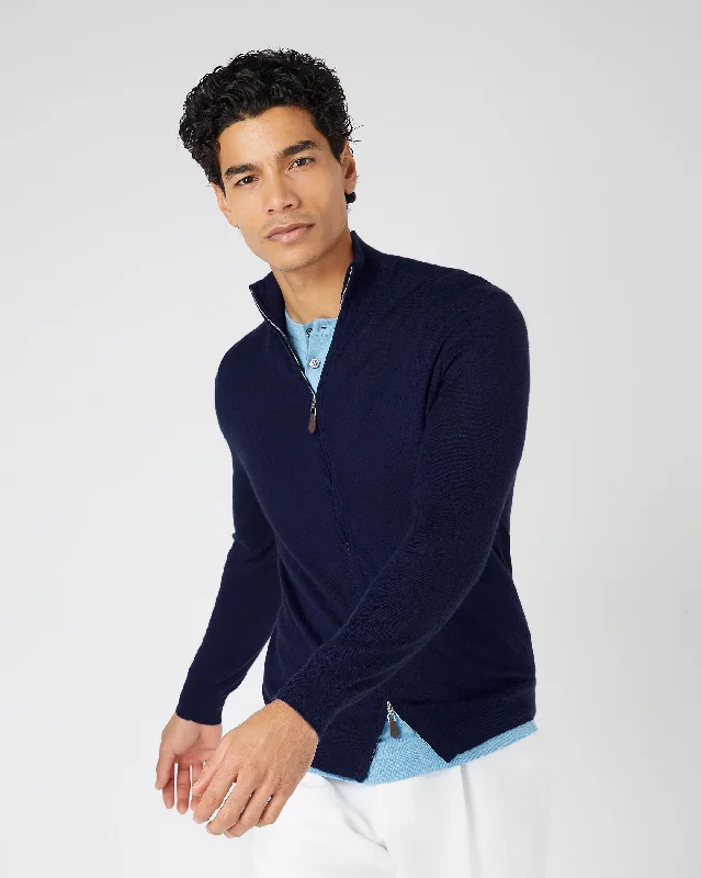 Men's Hyde Fine Gauge Cashmere Full Zip Jumper Prussian Blue