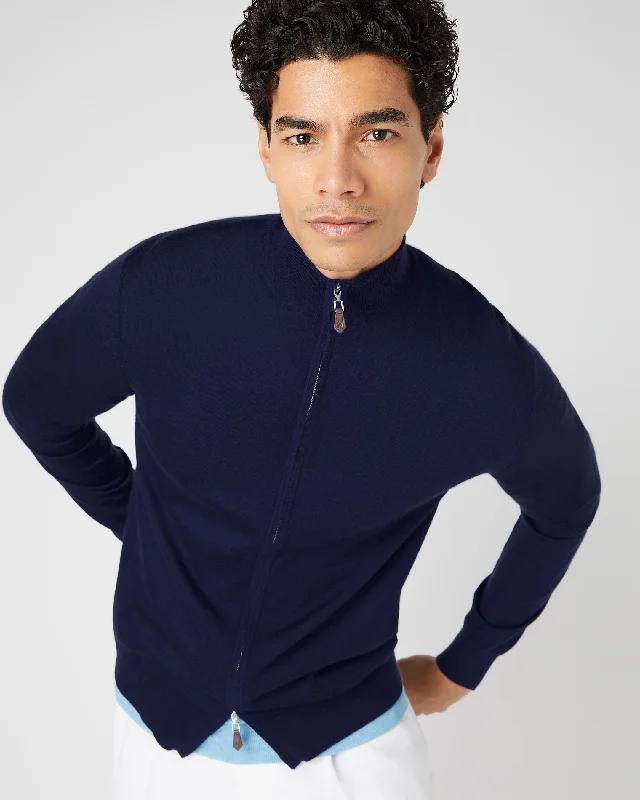 Men's Hyde Fine Gauge Cashmere Full Zip Jumper Prussian Blue