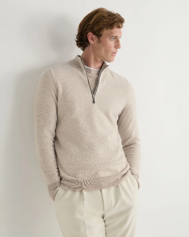 Men's Temple Jacquard Half Zip Cashmere Jumper Toasted Sesame Brown