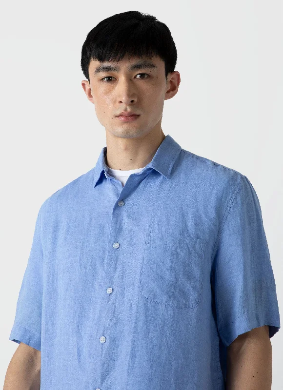 Men's Short Sleeve Linen Shirt in Cool Blue