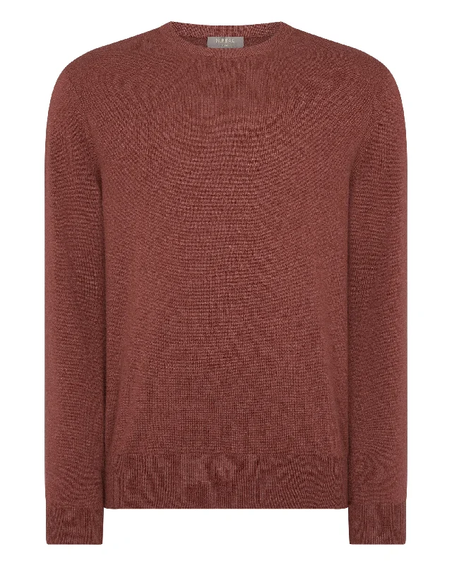 Men's Oxford Round Neck Cashmere Jumper Terracotta Brown