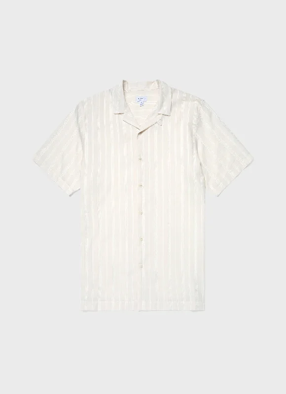 Men's Embroidered Stripe Camp Collar Shirt in Ecru