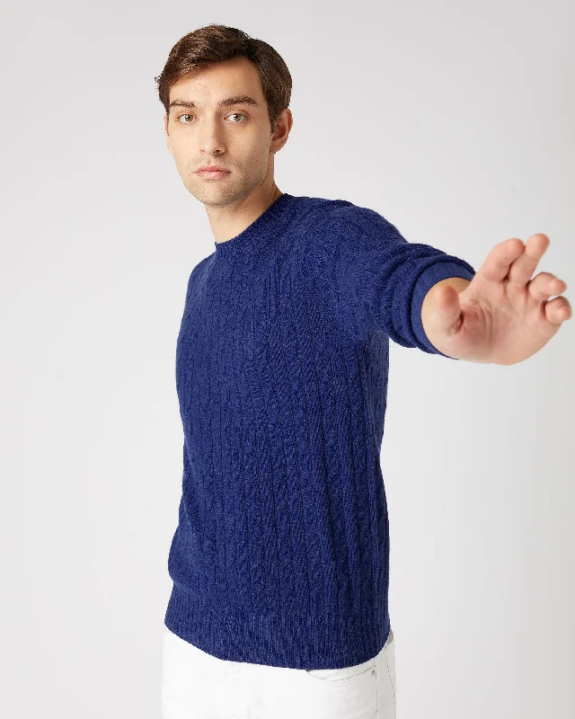 Men's Thames Cable Round Neck Cashmere Jumper Sapphire Blue