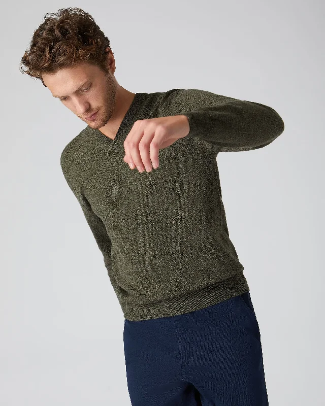 Men's Burlington V Neck Cashmere Jumper Moss Green