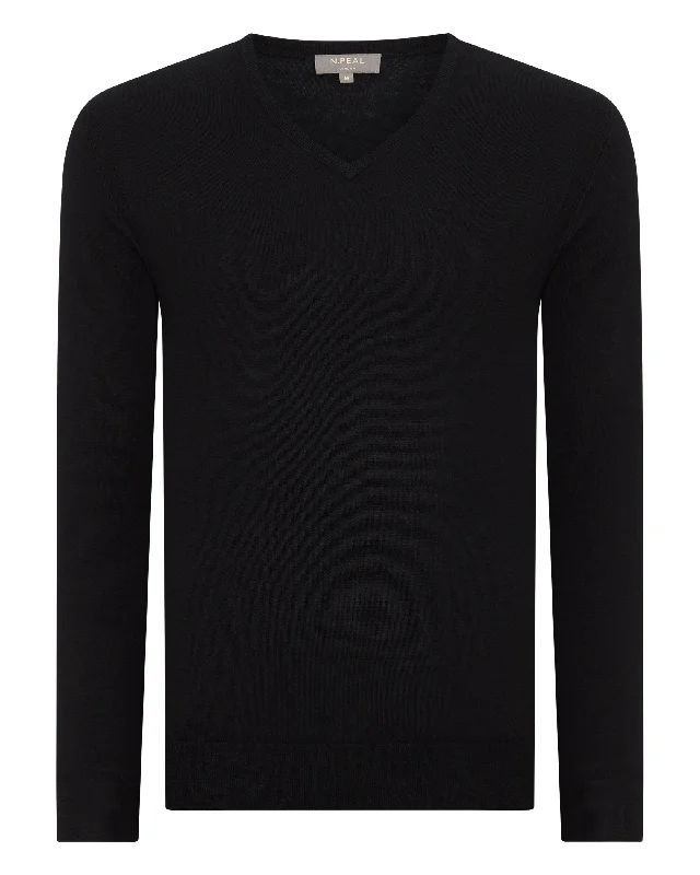 Men's Conduit Fine Gauge Cashmere V Neck Jumper Black