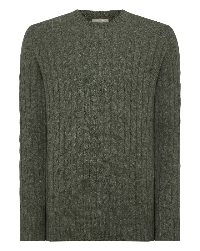 Men's Thames Cable Round Neck Cashmere Jumper Moss Green