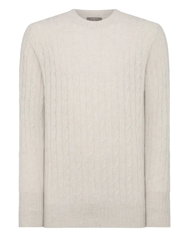 Men's Thames Cable Round Neck Cashmere Jumper Pebble Grey