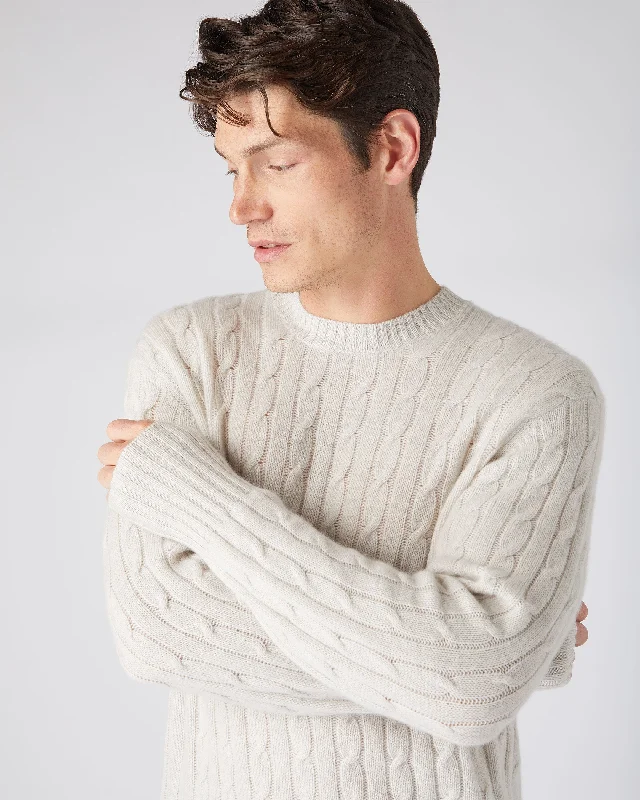 Men's Thames Cable Round Neck Cashmere Jumper Pebble Grey