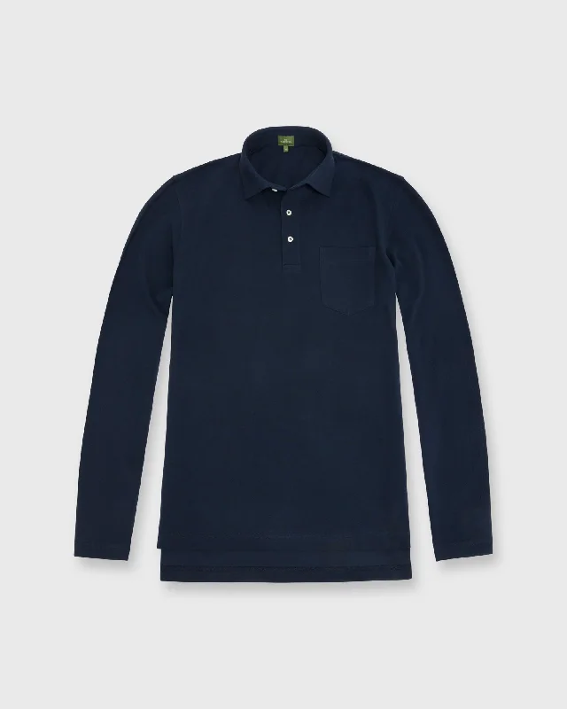 Long-Sleeved Polo in Navy Pima Pique