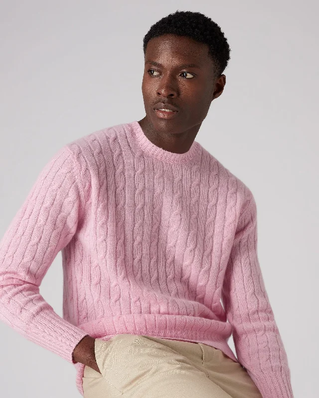 Men's Thames Cable Round Neck Cashmere Jumper Flamingo Pink