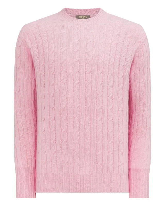 Men's Thames Cable Round Neck Cashmere Jumper Flamingo Pink