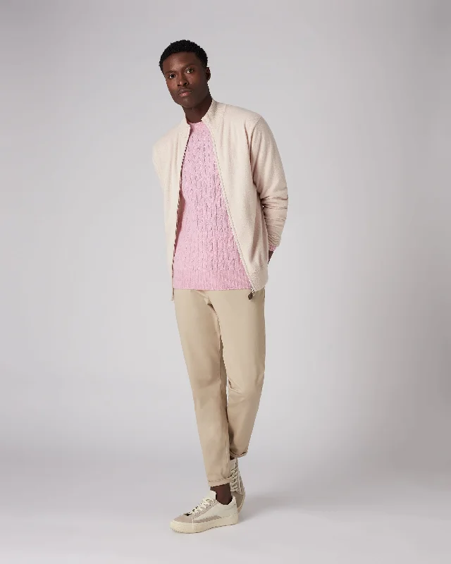 Men's Thames Cable Round Neck Cashmere Jumper Flamingo Pink