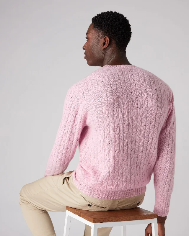 Men's Thames Cable Round Neck Cashmere Jumper Flamingo Pink