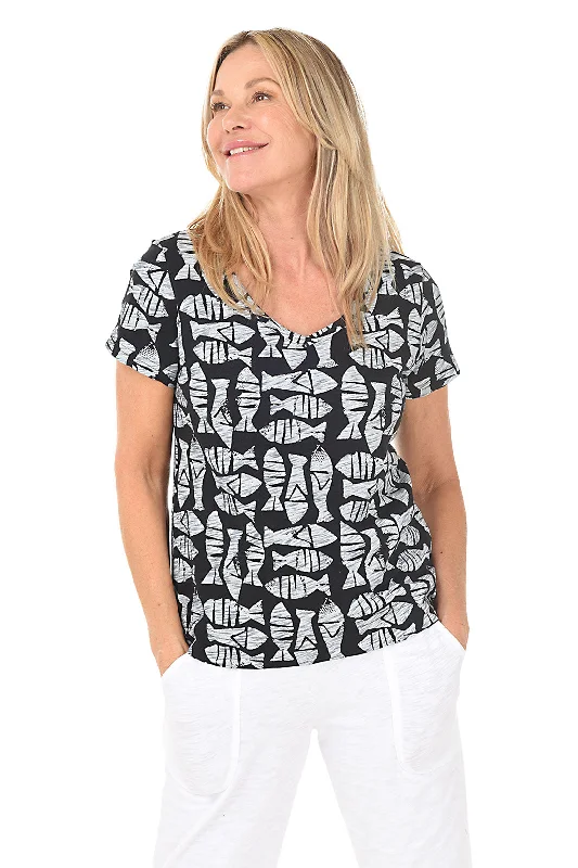 Black Fish Block Print V-Neck Tee