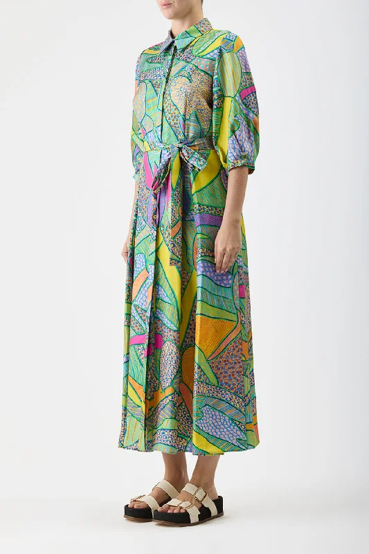 Andy Pleated Shirtdress in Green Multi Printed Silk Twill