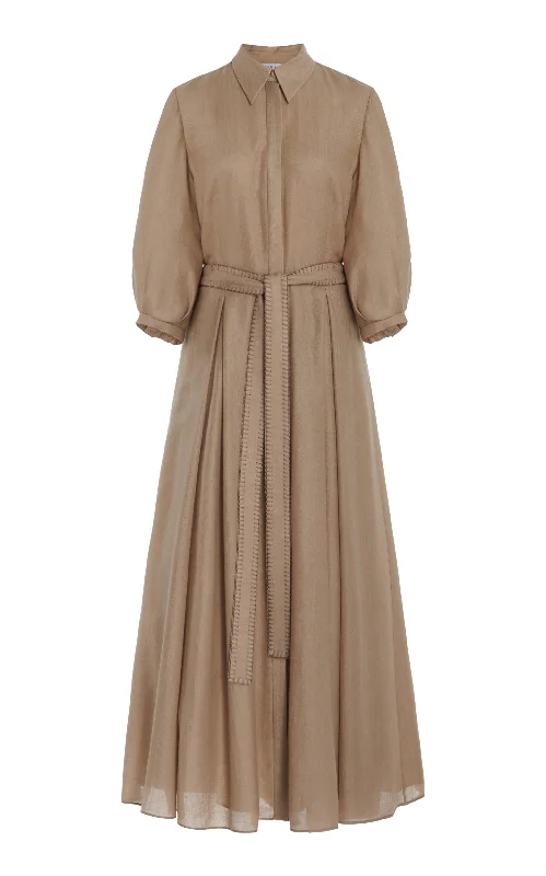 Andy Pleated Shirtdress in Khaki Virgin Wool Cashmere