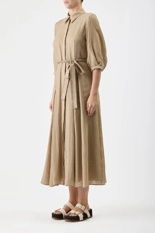 Andy Pleated Shirtdress in Khaki Virgin Wool Cashmere