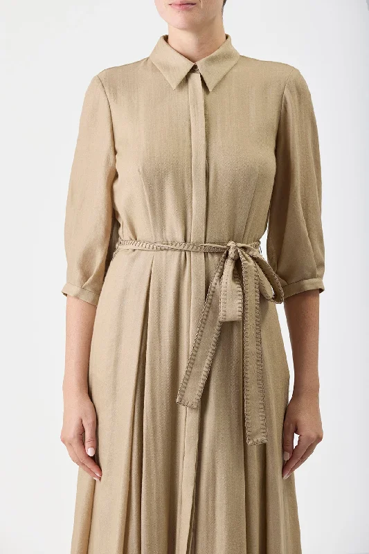 Andy Pleated Shirtdress in Khaki Virgin Wool Cashmere