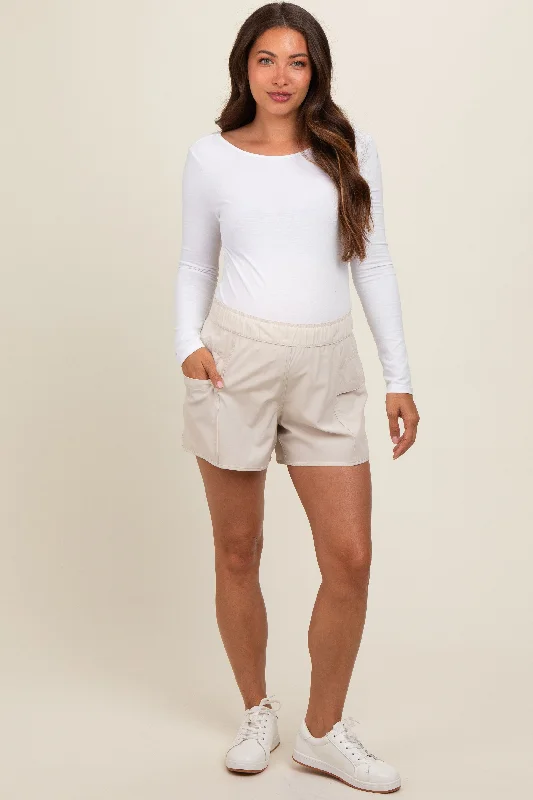 Beige Elastic Waist Side Pocket Active Maternity Shorts