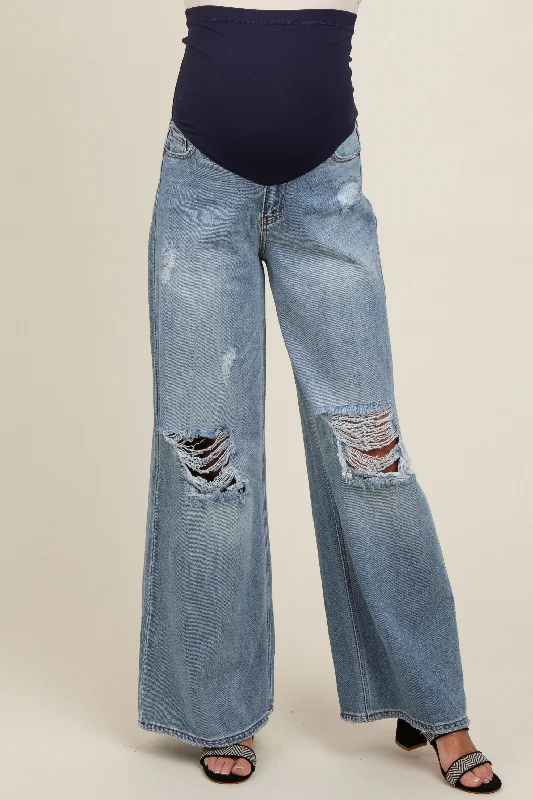 Blue Distressed Knee Super Wide Leg Maternity Jeans