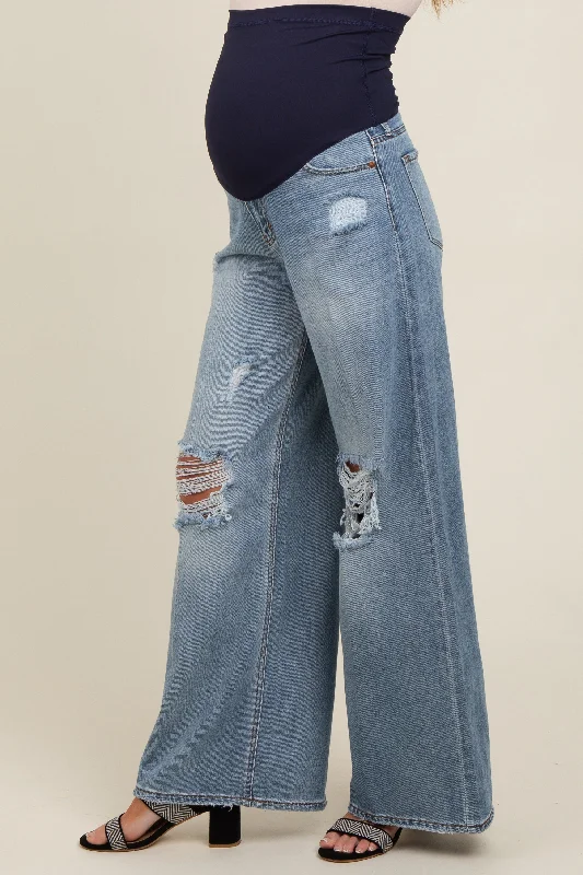 Blue Distressed Knee Super Wide Leg Maternity Jeans