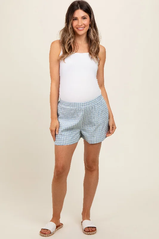 Blue Gingham Front Pocket Maternity Shorts