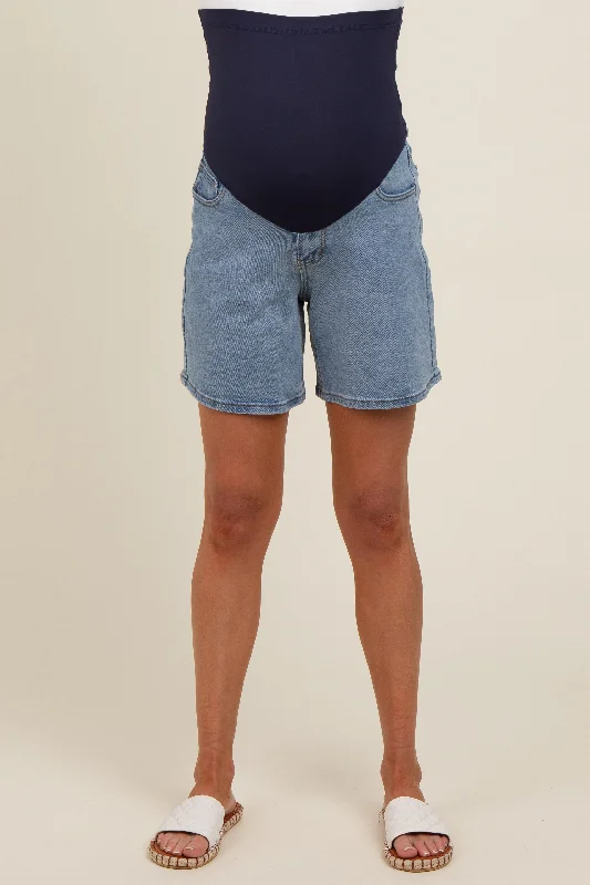 Blue High Waist Maternity Bermuda Jean Shorts