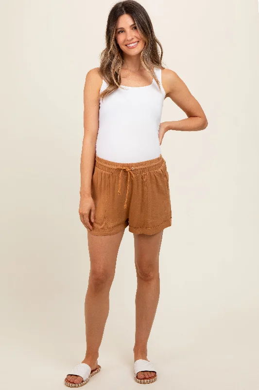 Camel Drawstring Waist Tie Maternity Shorts